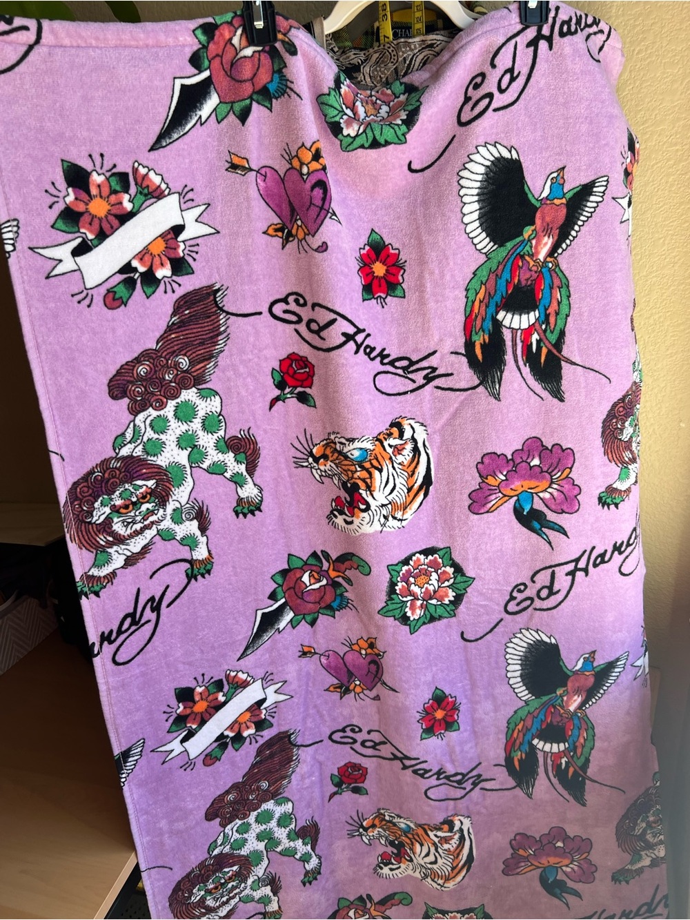 Ed Hardy Lavender Purple Tattoo-Print Maxi Skirt with Colorful Motifs